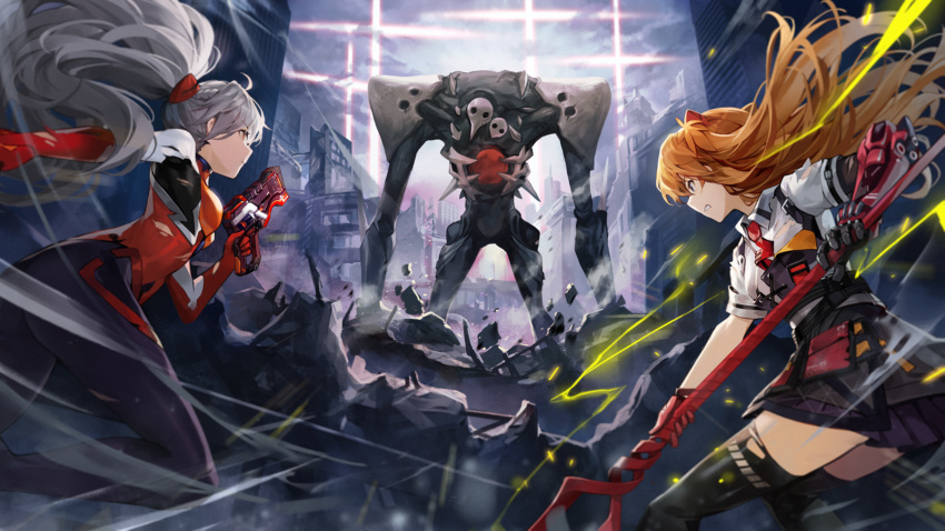 2girls, angel_(evangelion), bangs, black_dress, black_footwear, bodysuit, closed_mouth, collared_shirt, cosplay, crossover, dress, gauntlets, goomrrat, gun, hair_ornament, handgun, highres, holding, holding_gun, holding_polearm, holding_weapon, honkai_(series), honkai_impact_3rd, kiana_kaslana, kiana_kaslana_(void_drifter), lance_of_longinus, long_hair, multiple_girls, necktie, neon_genesis_evangelion, orange_hair, pinafore_dress, polearm, ponytail, red_bodysuit, red_necktie, sachiel, shirt, short_sleeves, souryuu_asuka_langley, souryuu_asuka_langley_(cosplay), thigh-highs, twintails, weapon, white_hair, white_shirt