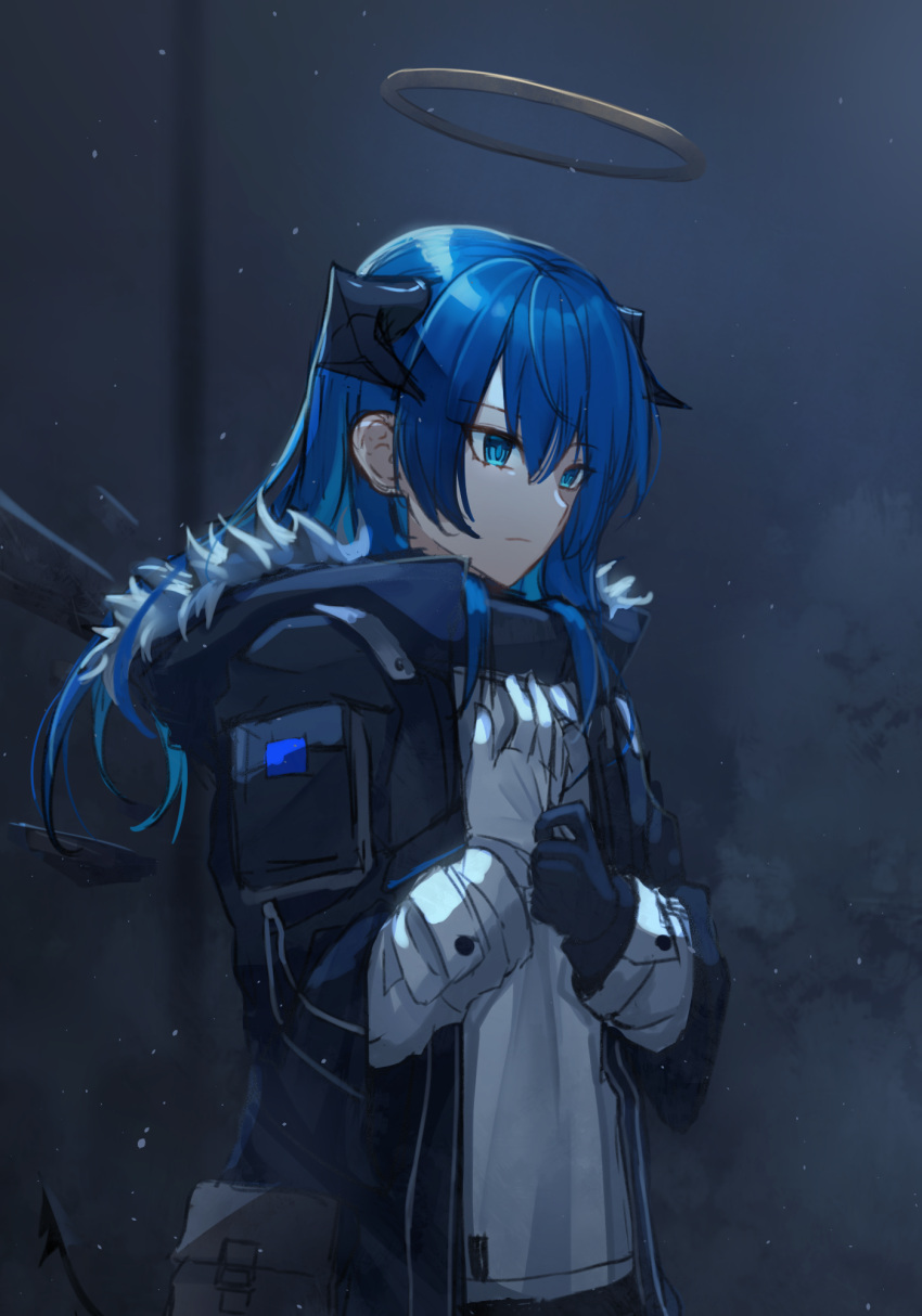 1girl, adjusting_clothes, adjusting_gloves, arknights, asymmetrical_gloves, black_gloves, black_jacket, black_wings