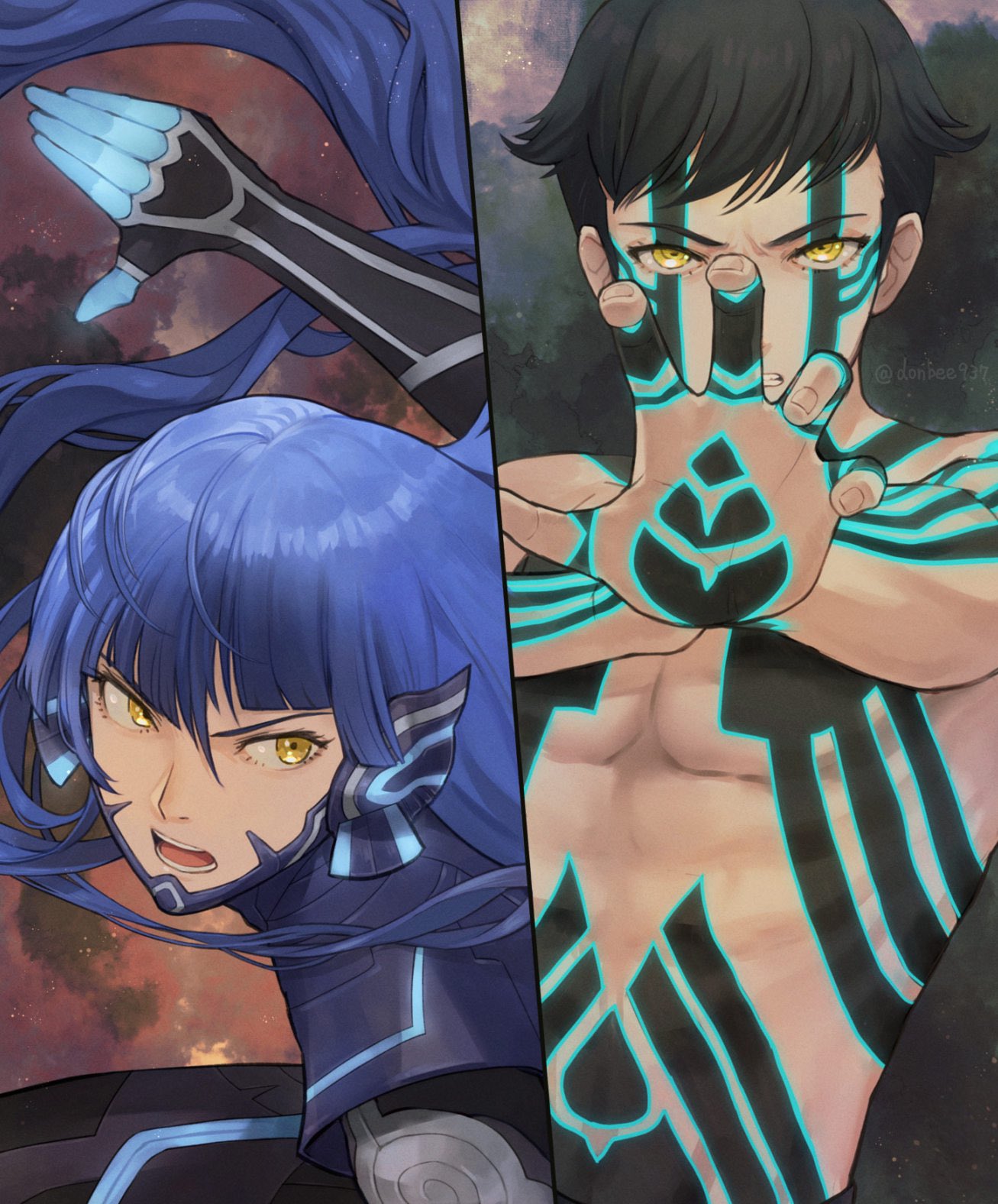 2boys, androgynous, armor, bangs, beam_saber, black_hair, bodysuit, crossover, donbee937, eyelashes, full-body_tattoo, highres, hitoshura, long_hair, looking_at_viewer, male_focus, multiple_boys, protagonist_(smtv), purple_hair, shin_megami_tensei, shin_megami_tensei_iii:_nocturne, shin_megami_tensei_v, short_hair, simple_background, sword, tattoo, topless_male, very_long_hair, weapon, yellow_eyes