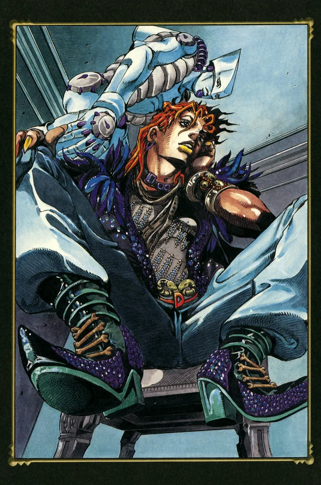 1boy, araki_hirohiko, belt, bone, boots, bracelet, dio_brando, ear_piercing