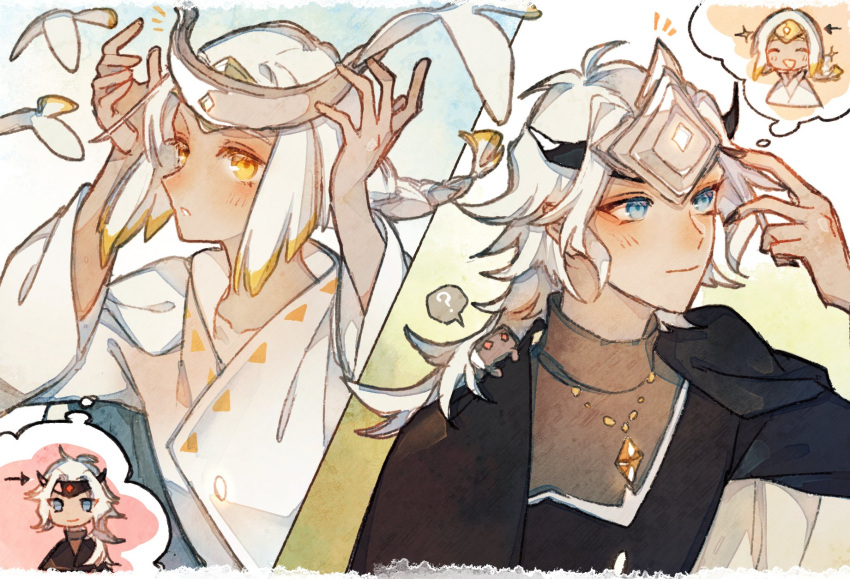 2boys, black_nails, blue_hair, from_side, highres, jewelry, medium_hair, meme_skyyyy