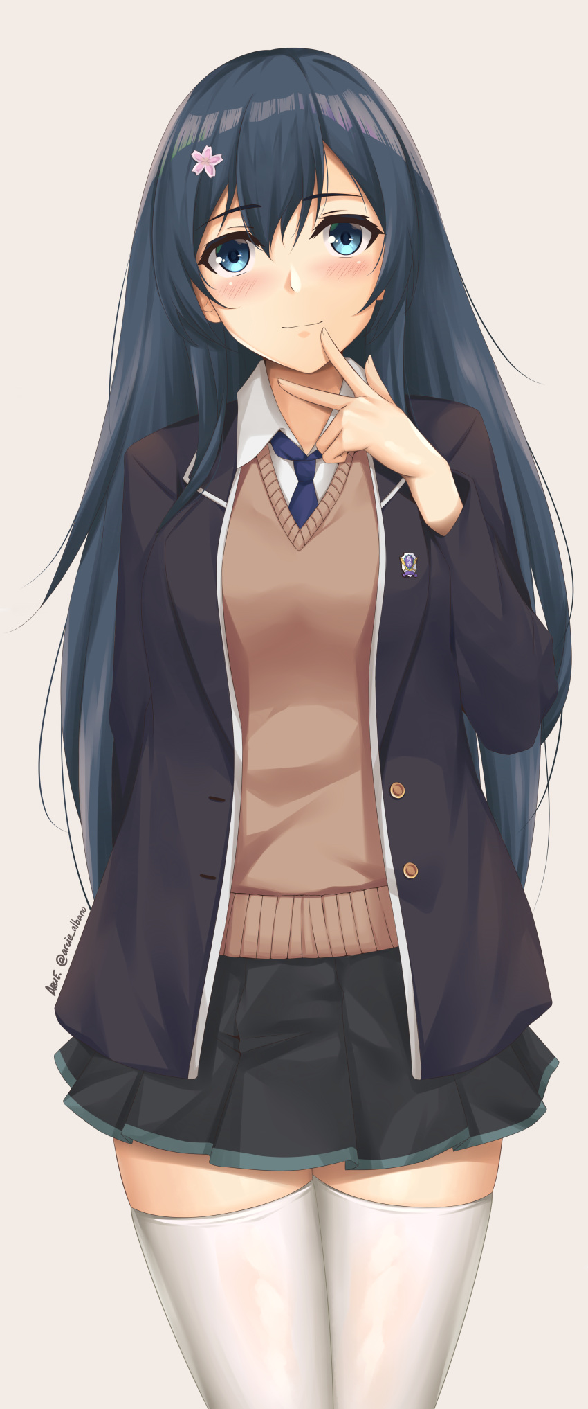 1girl, absurdres, arcie_albano, artist_name, bangs, bare_shoulders, black_hair, black_jacket