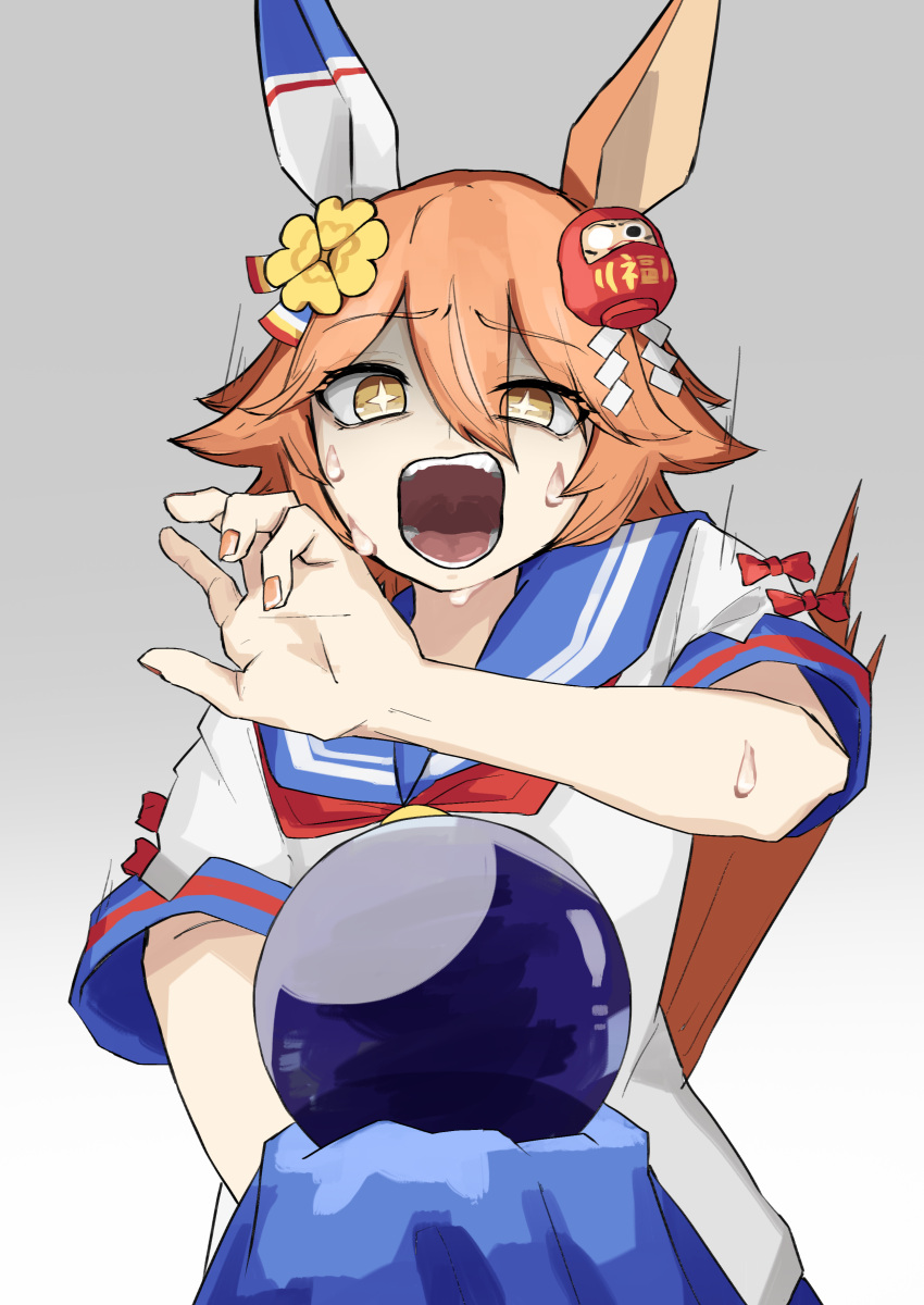 +_+, 1girl, absurdres, animal_ears, arm_up, blue_sailor_collar, clover_hair_ornament, crystal_ball