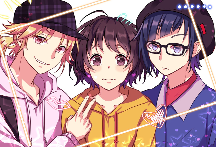 1girl, 2boys, ahoge, black-framed_eyewear, blonde_hair, brown_eyes, brown_hair, brown_headwear