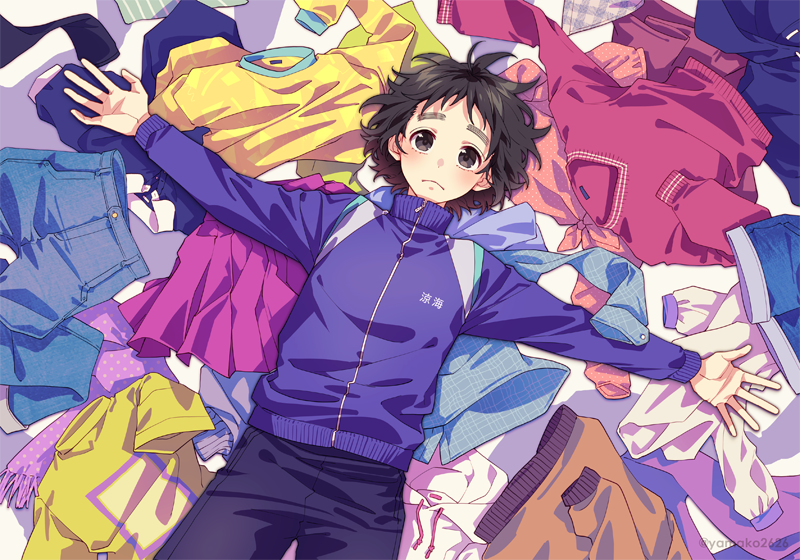 1girl, artist_name, black_eyes, black_hair, black_pants, clothes, denim, frown, jacket, kokuhaku_jikkou_iinkai, long_sleeves, lying, messy_hair, on_back, pants, pants_removed, pile, purple_jacket, shirt_removed, shorts, solo, suzumi_hiyori, thick_eyebrows, yamako_(state_of_children), zipper