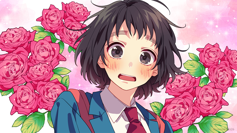 1girl, black_eyes, black_hair, blue_jacket, blush, floral_background, flower, jacket