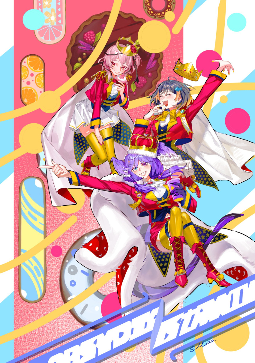 3girls, ahoge, alternate_costume, anniversary, black_hair, black_nails, blue_eyes, blue_vest, blush, boots, bow, bowtie, braid, brown_eyes, cape, crown, cup, dragon_arm, dragon_girl, dragon_tail, drinking_straw, fish_hair_ornament, hair_ornament, hairclip, head_wings, heterochromia, highres, jacket, medium_hair, miao94236, miniskirt, multicolored_eyes, multicolored_hair, multiple_girls, nail_polish, navel, nijisanji, nijisanji_en, orange_hair, petra_gurin, pink_eyes, pink_hair, purple_hair, purple_wings, red_footwear, red_jacket, red_skirt, rosemi_lovelock, royal, royal_robe, selen_tatsuki, short_hair, short_sidetail, skirt, smile, tail, thigh-highs, thorns, twin_braids, vest, violet_eyes, virtual_youtuber, white_cape, white_skirt, wings, yellow_bow, yellow_bowtie, yellow_thighhighs
