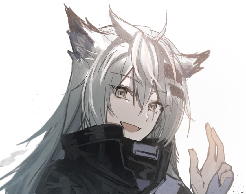 1girl, :d, ahoge, animal_ears, arknights, black_jacket, grey_eyes, grey_hair