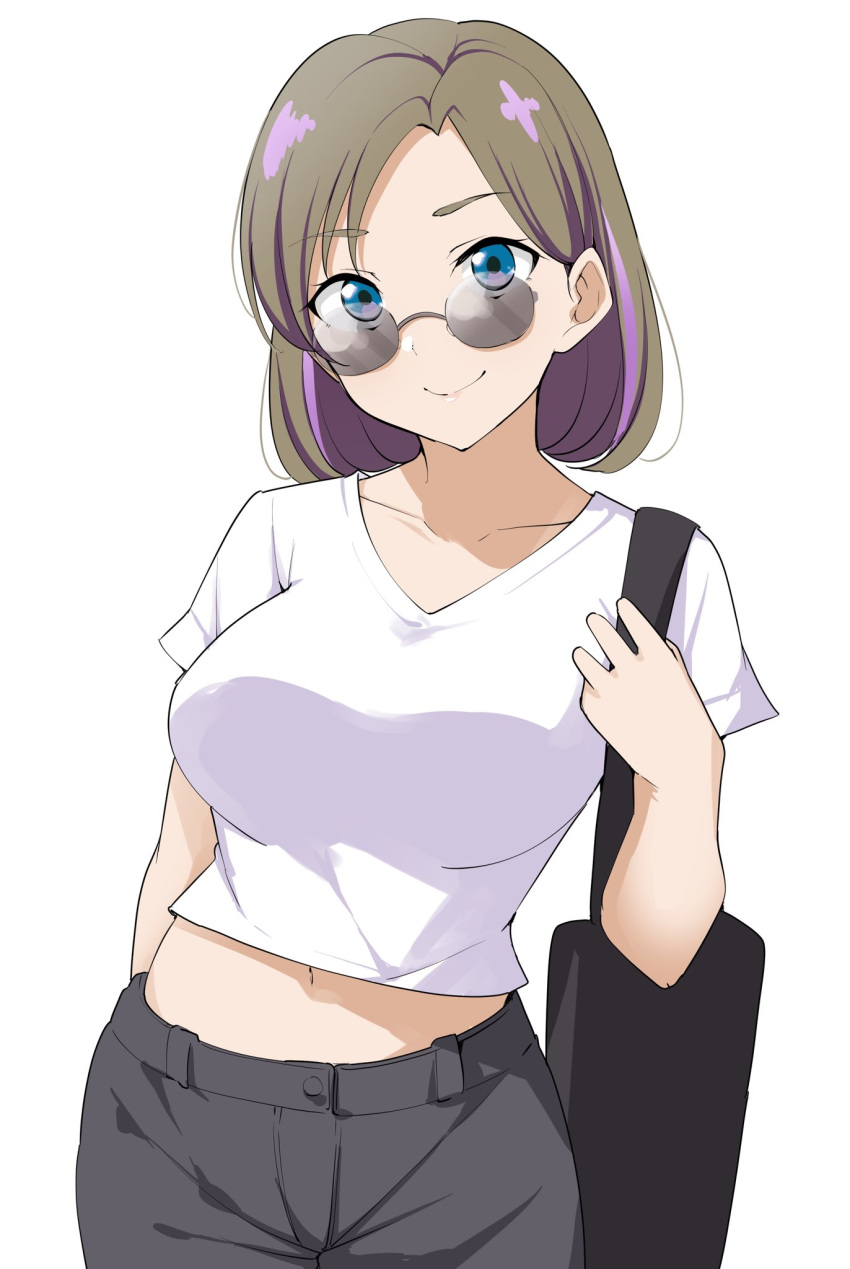 1girl, bag, bangs, barkhorn0331, blue_eyes, breasts, cowboy_shot, grey_hair