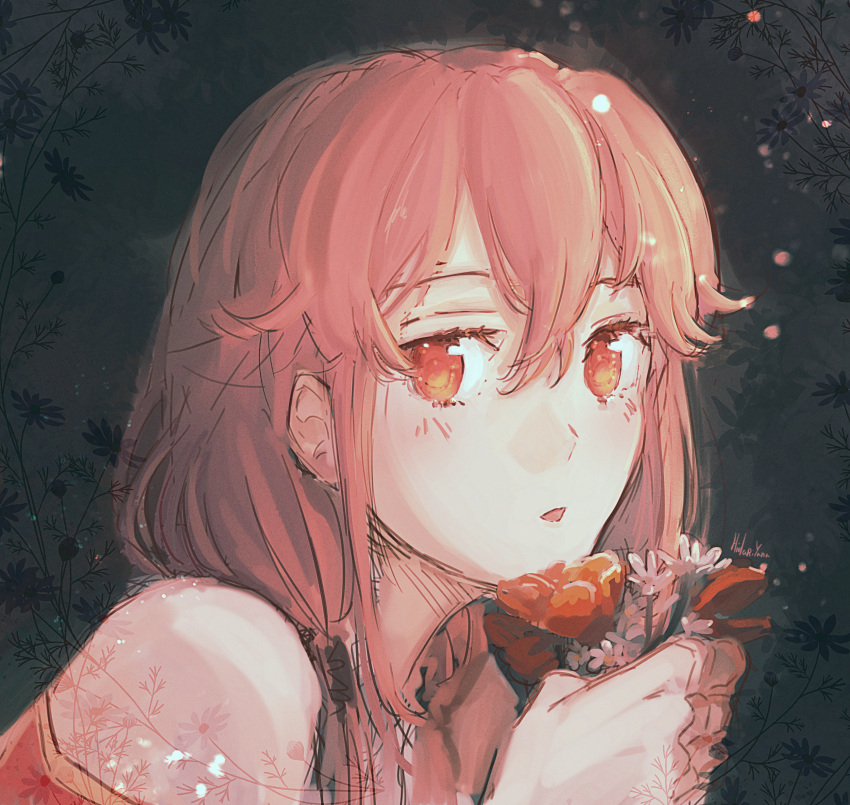 absurdres, blush, clenched_hands, dress, eyelashes, floral_background, floral_dress, flower