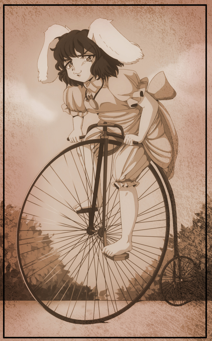 1990s_(style), 1girl, :3, animal_ears, barefoot, bicycle, bloomers, bush