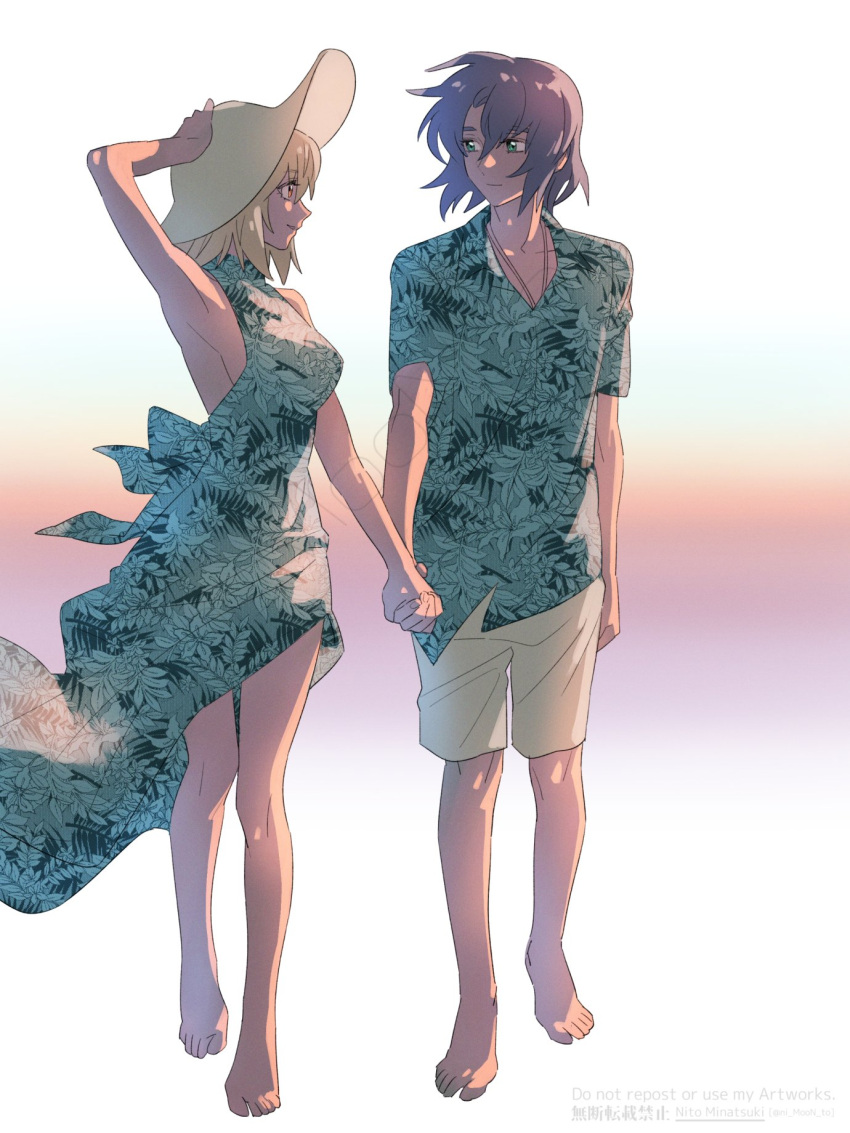 1boy, 1girl, arm_behind_head, athrun_zala, back_bow, bangs, bare_arms, barefoot