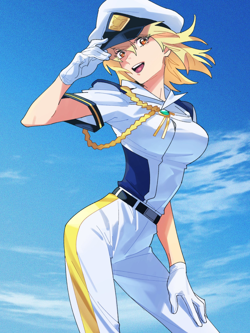 1girl, adjusting_clothes, adjusting_headwear, belt, blonde_hair, breasts, cagalli_yula_athha, clouds