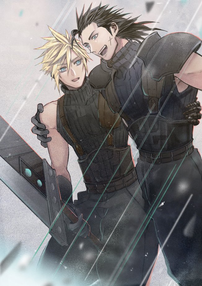 2b_fff, 2boys, aqua_eyes, arm_around_back, arm_around_shoulder, armor, belt, black_gloves