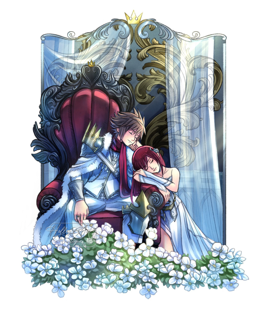 1boy, 1girl, brown_hair, couple, crown, curtains, dress, final_fantasy, final_fantasy_xv, flower, highres, hollypolllyy, kairi_(kingdom_hearts), kingdom_hearts, lying, redhead, sitting, sleeping, sora_(kingdom_hearts), spiky_hair, throne, white_dress, white_flower
