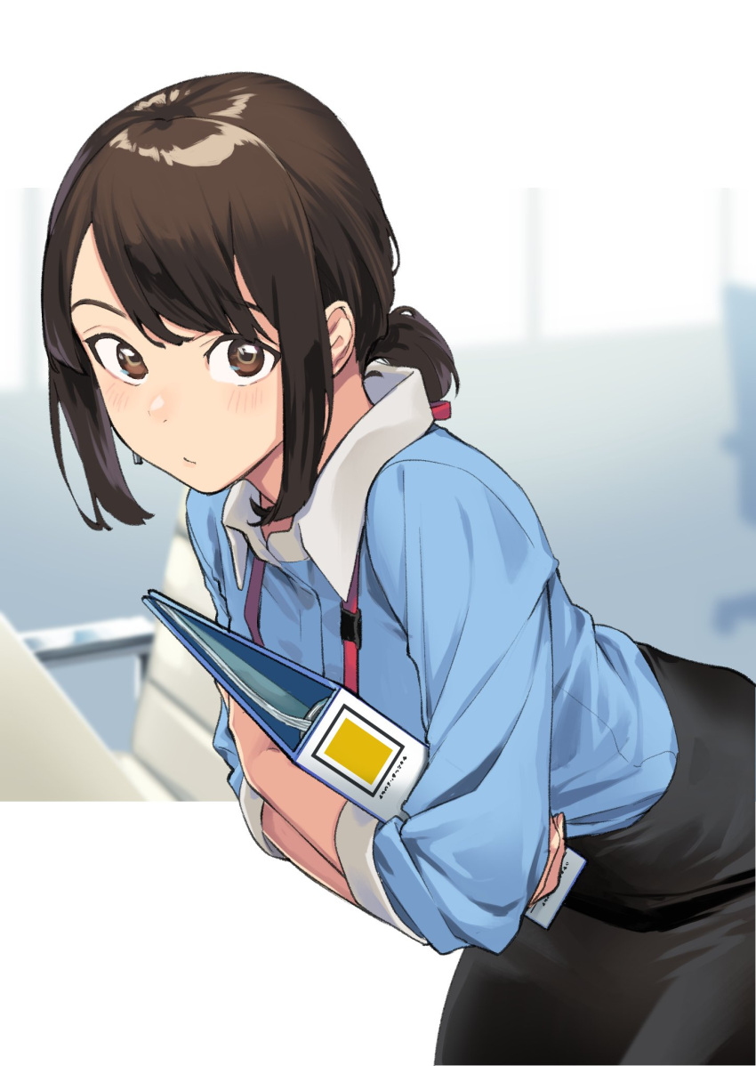 1girl, bangs, black_skirt, blue_shirt, brown_hair, collared_shirt, douki-chan_(douki-chan), file