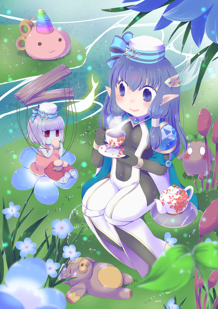 2girls, :3, bangs, black_bodysuit, black_gloves, blue_bow, blue_cape, blue_eyes, blue_flower, blue_hair, blush, bodysuit, bow, breasts, cape, closed_mouth, comiket_98, commentary_request, cookie, covered_navel, cup, dress, eating, fish, flower, food, full_body, gloves, grass, hat, hat_bow, highres, long_hair, marionette, marionette_(ragnarok_online), medium_breasts, multiple_girls, okosama_lunch_(sendan), pants, pillbox_hat, pink_dress, pointy_ears, poring, puppet, ragnarok_masters, ragnarok_online, river, slime_(creature), smile, stuffed_animal, stuffed_toy, suspenders, tea, teacup, teapot, teddy_bear, teddy_bear_(ragnarok_online), tree, warlock_(ragnarok_online), water, white_headwear, white_pants, winding_key