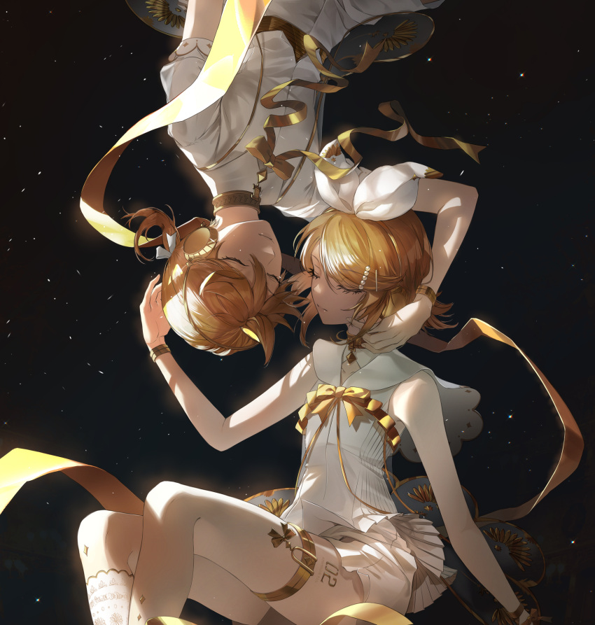 1boy, 1girl, arm_at_side, bangs, bare_arms, black_background, blonde_hair, bow, bow_hairband, bracelet, capelet, closed_eyes, closed_mouth, collarbone, diffraction_spikes, dress, expressionless, eyelashes, eyes_visible_through_hair, face-to-face, feet_out_of_frame, fingernails, flat_chest, gold_trim, hair_between_eyes, hair_ornament, hair_ribbon, hairband, hairclip, hand_on_another's_cheek, hand_on_another's_face, hand_on_another's_head, hand_up, headphones, highres, jewelry, kagamine_len, kagamine_rin, kneehighs, leg_tattoo, light_particles, miku_symphony_(vocaloid), neck_ribbon, neck_ring, number_tattoo, pearl_hair_ornament, puffy_short_sleeves, puffy_sleeves, ribbon, rotational_symmetry, see-through, see-through_dress, shade, shirt, short_hair, short_ponytail, short_sleeves, shorts, side_slit, sidelighting, simple_background, single_kneehigh, socks, sparkle_print, swept_bangs, tattoo, thighlet, vocaloid, white_bow, white_capelet, white_ribbon, white_shirt, white_shorts, yellow_theme, yon_(tellmedoor)