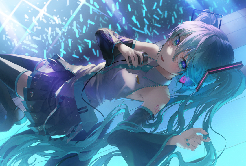 1girl, absurdly_long_hair, aqua_eyes, aqua_hair, aqua_nails, aqua_necktie, armpit_crease, audience