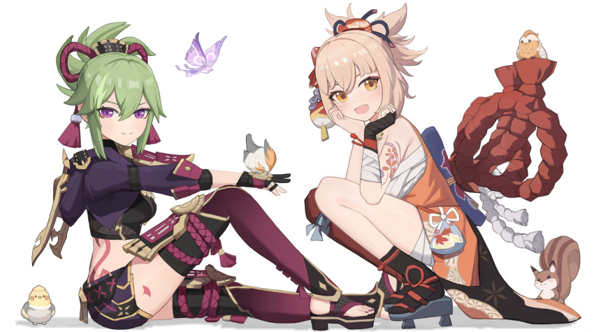 2girls, :d, arm_support, arm_tattoo, bandaged_arm, bandaged_leg, bandages, bangs