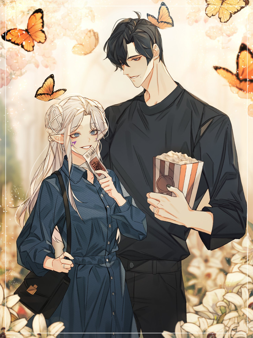 1boy, 1girl, ahoge, bag, bangs, black_hair, black_nails, bug, butterfly, buttons, collared_shirt, couple, cowboy_shot, double_bun, flower, food, garam_(rkfka), grey_hair, hair_bun, hair_over_shoulder, highres, jewelry, lily_(flower), long_hair, looking_at_another, parted_bangs, ponytail, ring, shirt, short_hair, sidelocks, smile, standing