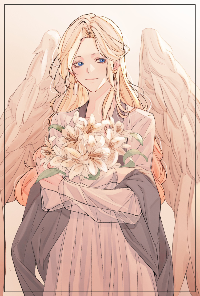 1girl, absurdres, angel_wings, bangs, blonde_hair, blue_eyes, flower, garam_(rkfka), hair_over_shoulder, highres, light_smile, lily_(flower), long_hair, original, parted_bangs, semi-transparent, shawl, sidelocks, solo, standing, wavy_hair, wings
