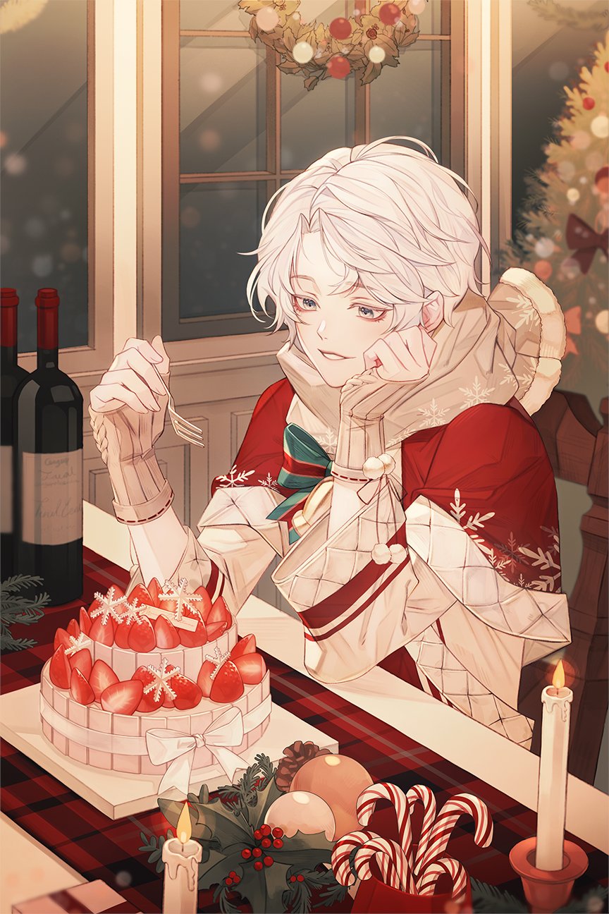 1boy, bangs, bishounen, box, cake, candle, candle_wax, candlelight