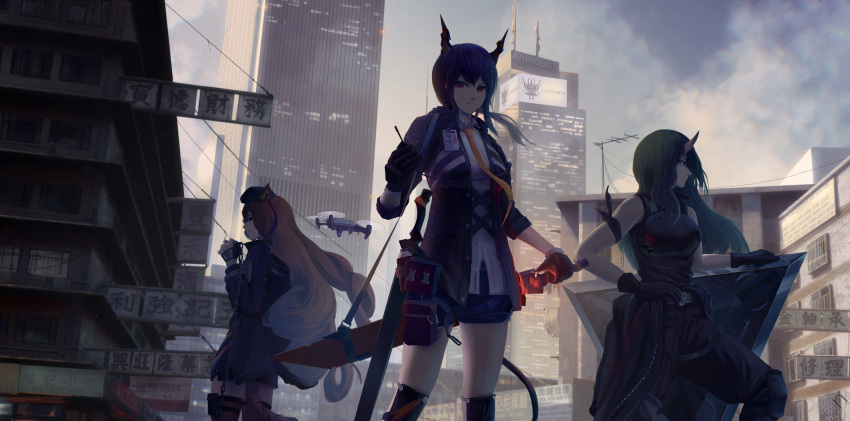3girls, absurdres, animal_ears, arknights, armband, billboard, black_gloves, black_jacket