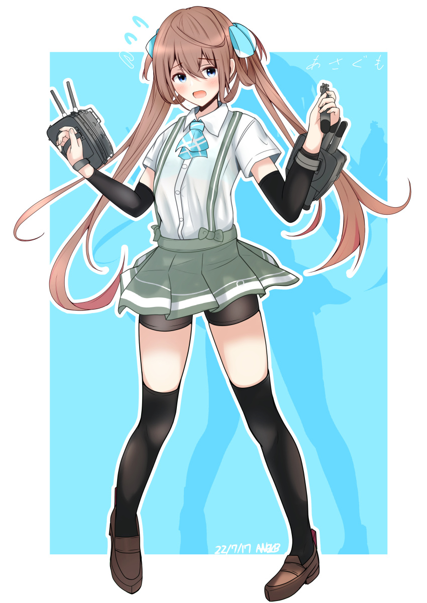 1girl, abataa, absurdres, adapted_turret, arm_warmers, asagumo_(kancolle), ascot, black_thighhighs, blue_ascot, brown_footwear, brown_hair, cannon, full_body, grey_skirt, hair_between_eyes, hair_ribbon, highres, kantai_collection, loafers, long_hair, miniskirt, pleated_skirt, ribbon, rigging, shirt, shoes, short_sleeves, skirt, solo, standing, suspenders, thigh-highs, twintails, white_shirt