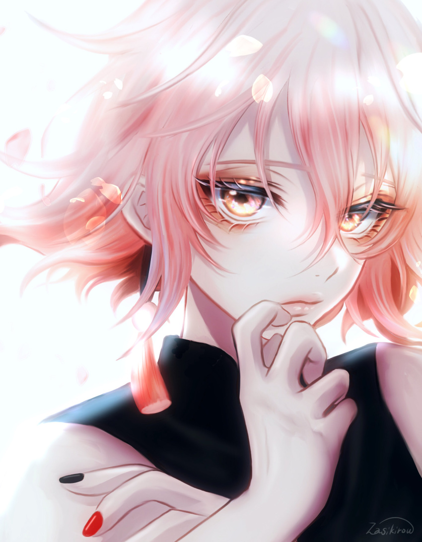 1boy, absurdres, androgynous, finger_to_mouth, hanjin_(touken_ranbu), highres, looking_at_viewer, male_focus