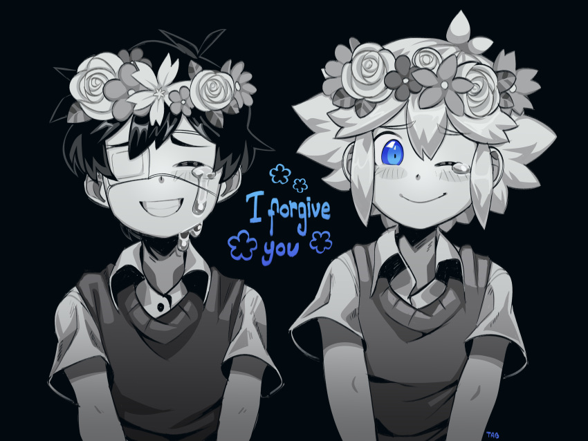 2boys, absurdres, basil_(omori), blue_eyes, blush, closed_eyes, crying, eyepatch