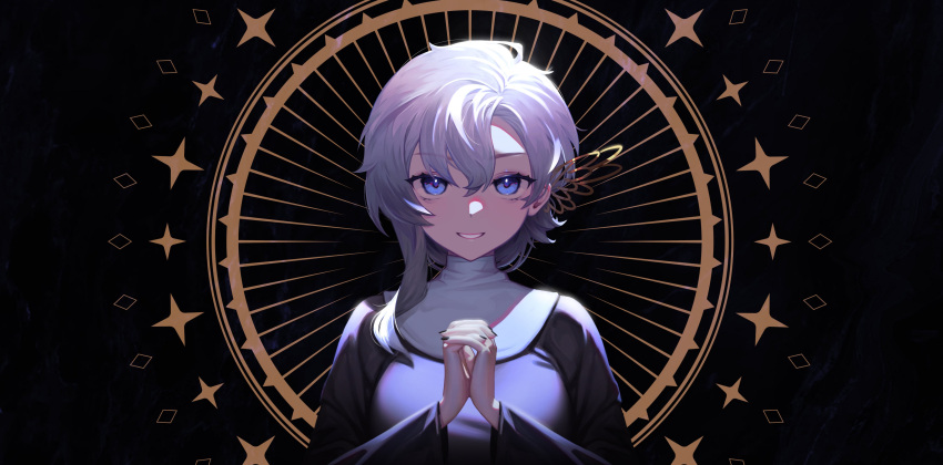 1girl, absurdres, bangs, black_nails, blue_eyes, hair_between_eyes, hands_up, highres