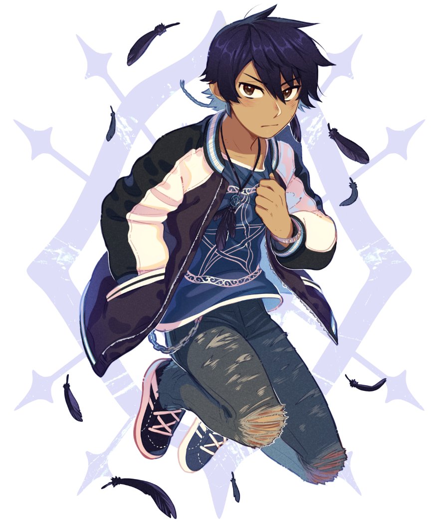 1boy, black_hair, blue_shirt, brown_eyes, dark-skinned_male, dark_skin, denim, felix_(lalin's_curse)