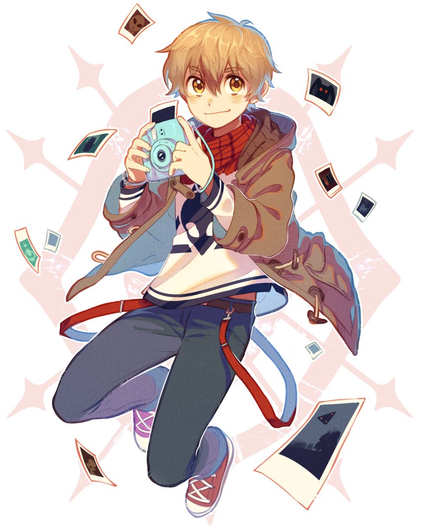 1boy, blonde_hair, camera, david_(lalin's_curse), hair_between_eyes, holding, holding_camera, isakysaku