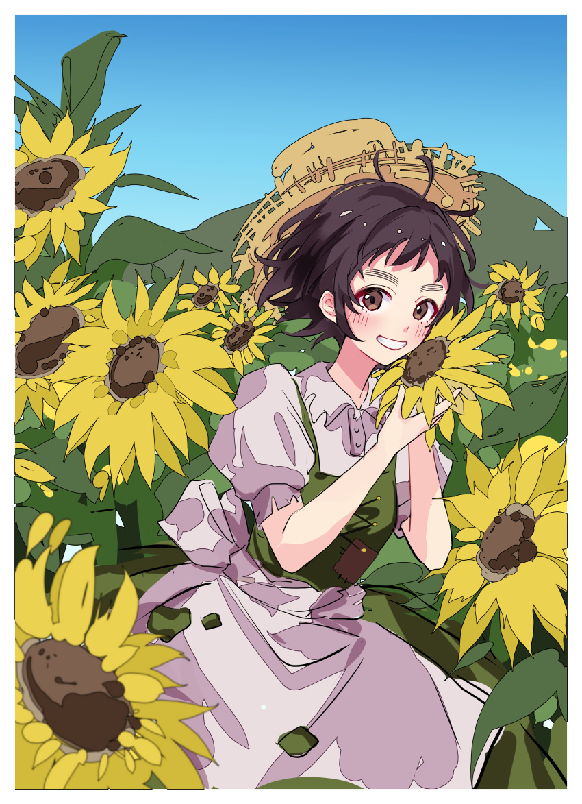 1girl, absurdres, ahoge, blush, brown_eyes, brown_hair, day, dress