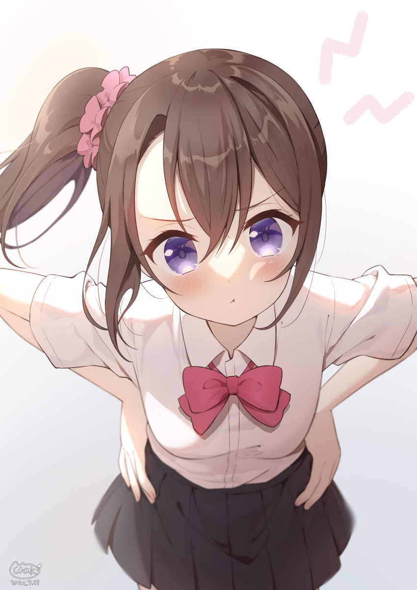1girl, :t, absurdres, black_skirt, bow, breasts, brown_hair, closed_mouth