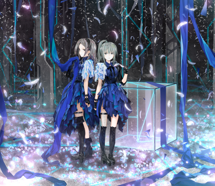 2girls, brown_eyes, brown_hair, clara_(claris), claris_(group), dress, gloves, green_hair