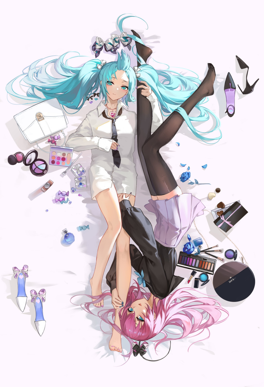 2girls, absurdres, acr_(ars4443), aqua_eyes, aqua_hair, bag, bare_legs, barefoot