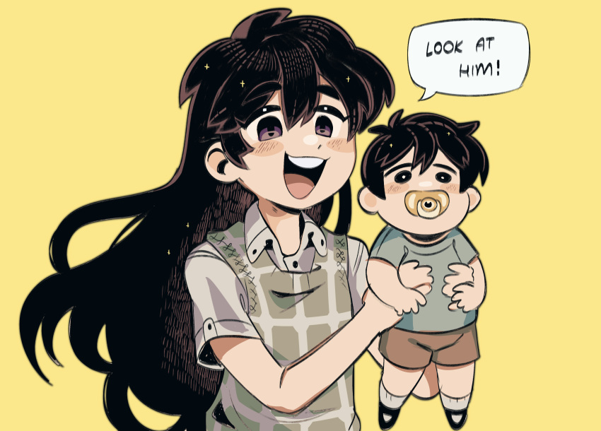 1boy, 1girl, baby, black_eyes, black_hair, blush, bright_pupils, collared_shirt
