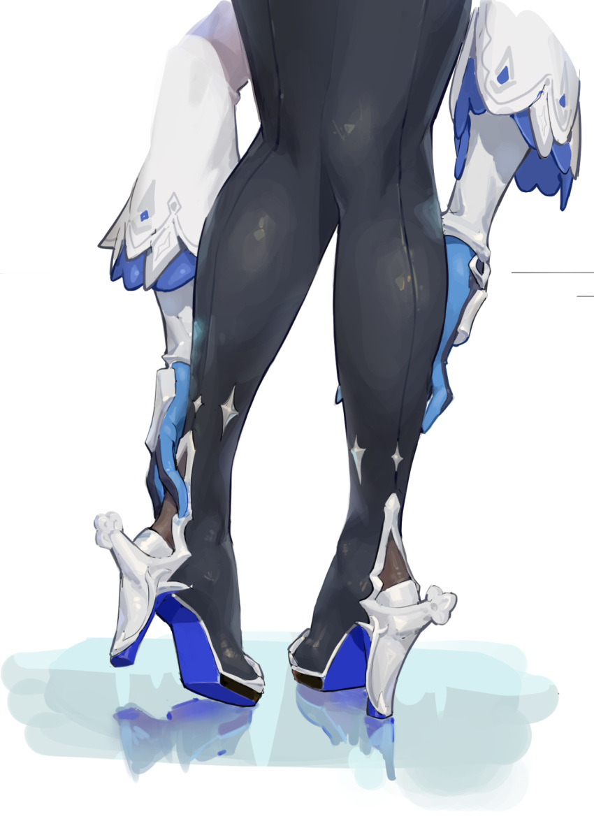 147807266_(pixiv11504383), adjusting_clothes, back-seamed_legwear, black_pantyhose, blue_gloves, colored_shoe_soles, eula_(genshin_impact), from_behind