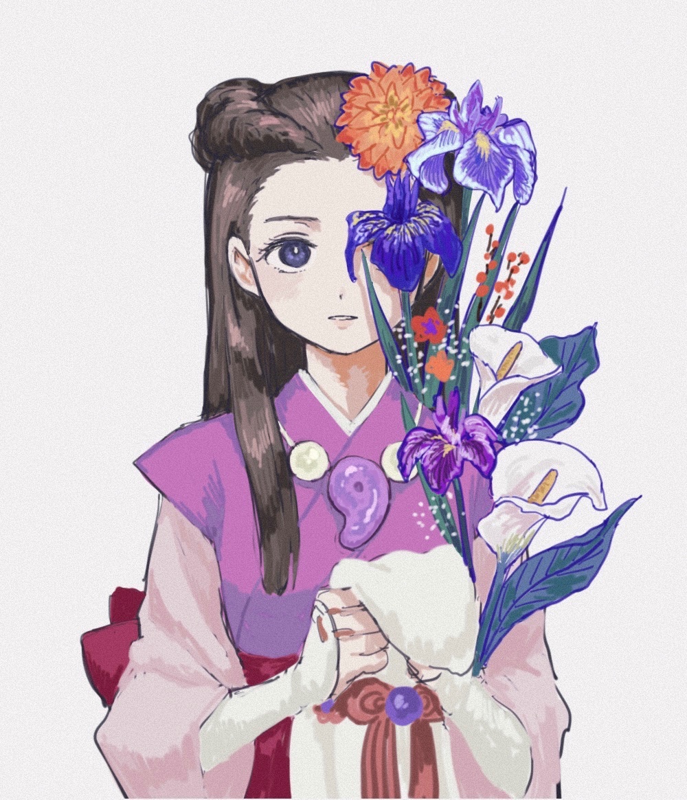 1girl, ace_attorney, blue_eyes, braid, brown_hair, flower, holding, holding_clothes, holding_flower, iris_(ace_attorney), japanese_clothes, jewelry, long_hair, long_sleeves, magatama, magatama_necklace, necklace, no_bangs, one_eye_covered, parted_lips, phoenix_wright:_ace_attorney_-_trials_and_tribulations, renshu_usodayo, simple_background, solo