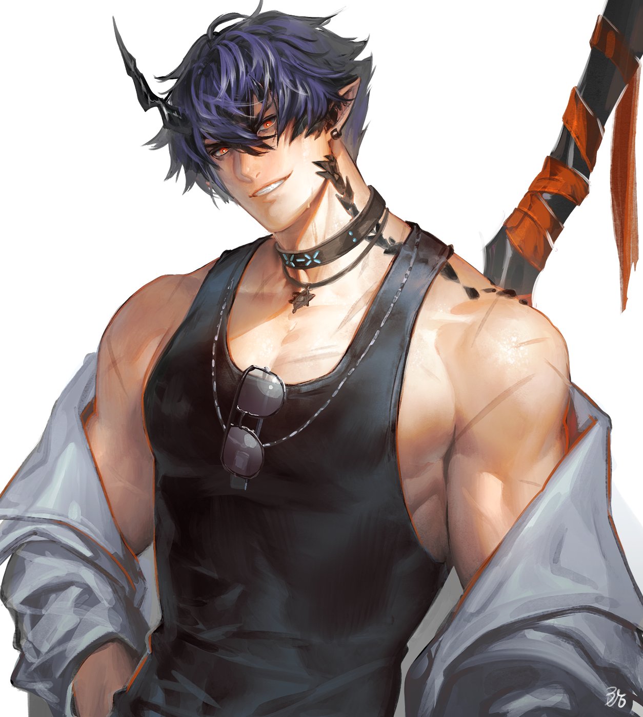 1boy, arknights, bangs, black_hair, black_shirt, choker, demon_horns, earrings, flamebringer_(arknights), flamebringer_(holiday)_(arknights), grey_jacket, highres, horns, iroai_midodo, jacket, jewelry, looking_at_viewer, male_focus, multicolored_hair, muscular, muscular_male, necklace, official_alternate_costume, orange_eyes, oripathy_lesion_(arknights), pointy_ears, purple_hair, scar, scar_on_arm, shirt, short_hair, simple_background, smile, solo, sunglasses, tank_top, two-tone_dress, weapon