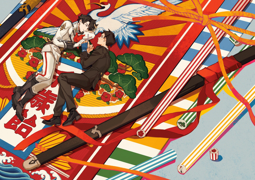 2boys, absurdres, ace_attorney, bird, black_hair, black_pants, black_shirt, colorful
