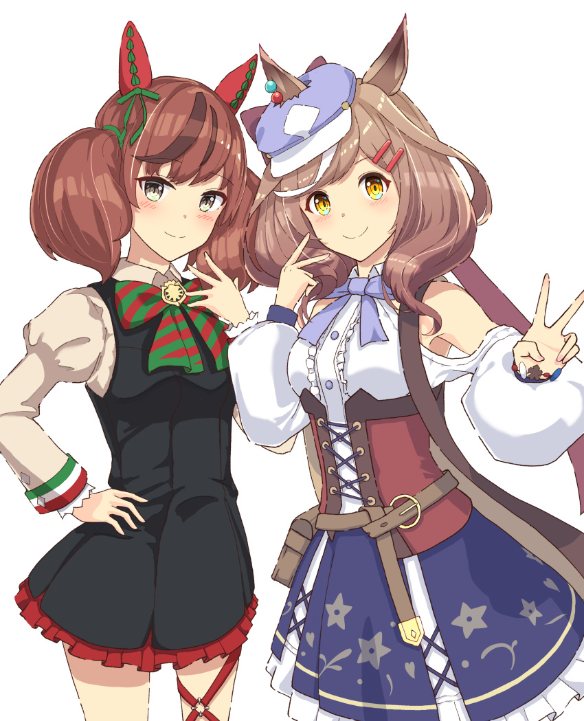 2girls, absurdres, animal_ears, breasts, brown_eyes, brown_hair, commentary_request, hair_ornament, hairclip, highres, horse_ears, horse_girl, horse_tail, matikane_tannhauser_(umamusume), medium_breasts, medium_hair, multiple_girls, nice_nature_(umamusume), redhead, rokuro_kuro, smile, tail, umamusume, v, white_background, yellow_eyes