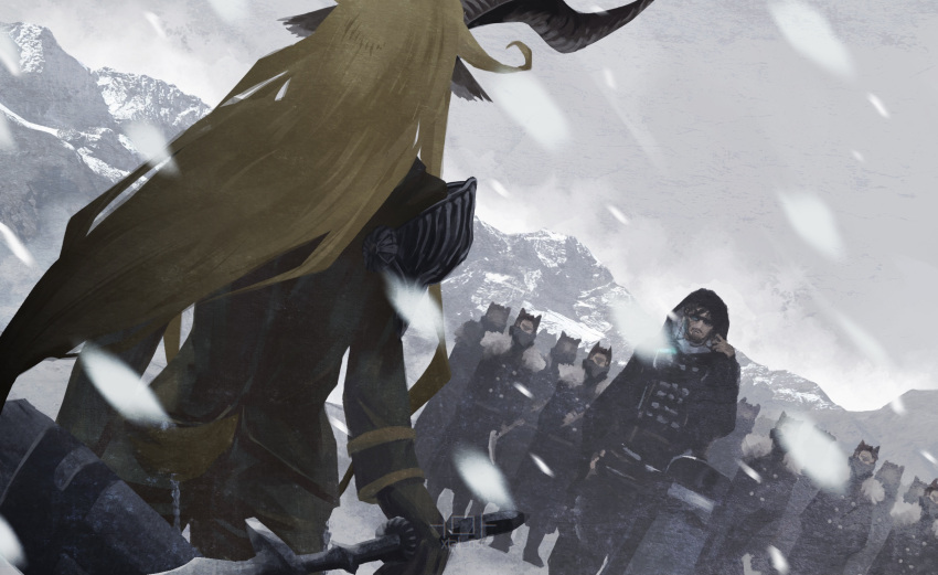 1boy, 1girl, adjusting_hood, animal_ears, antlers, arknights, artist_name, beard