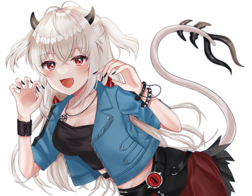 1girl, bracelet, commission, crop_top, cropped_jacket, demon_girl, demon_horns, demon_tail