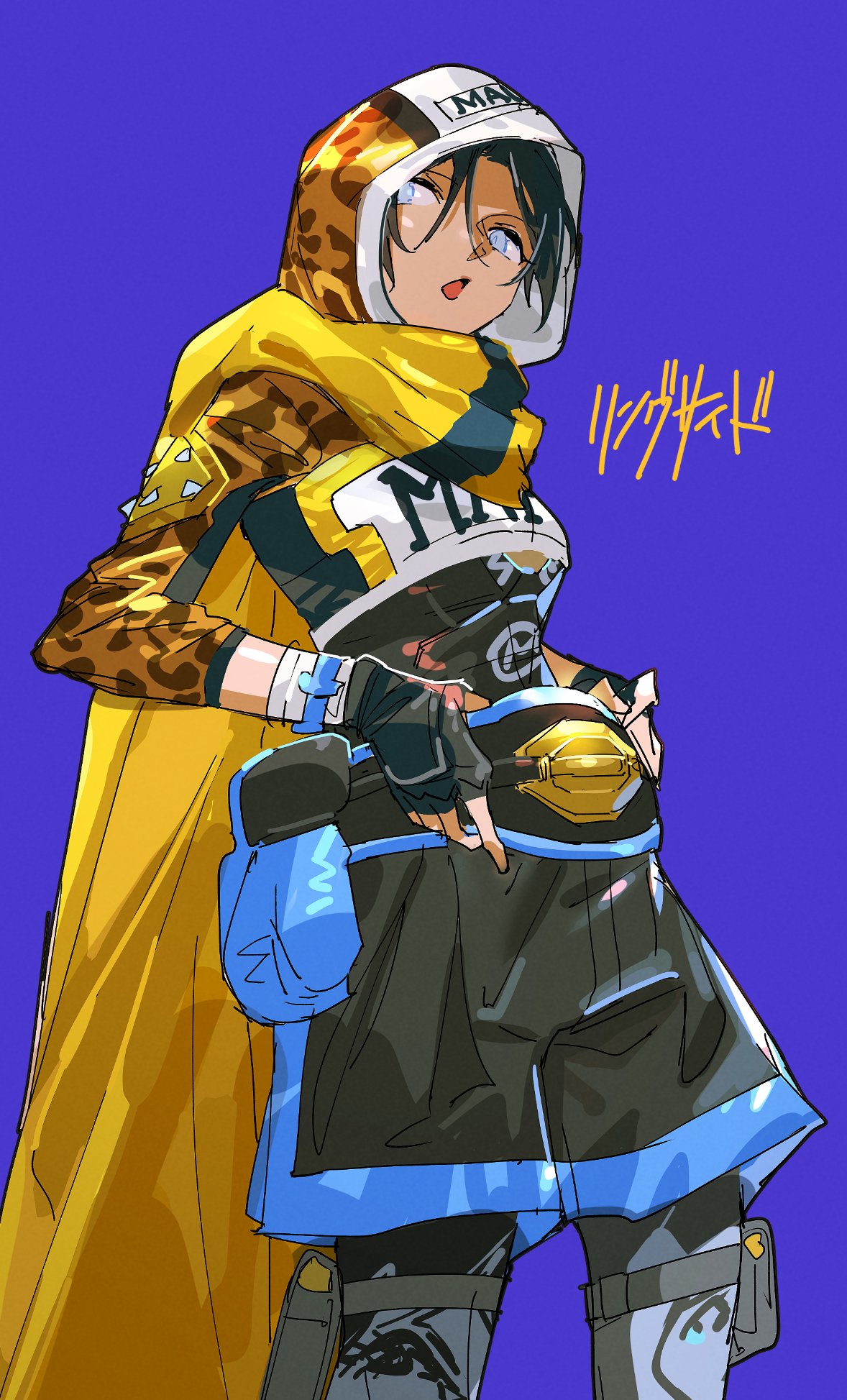 1girl, animal_print, apex_legends, black_hair, black_pantyhose, black_shorts, blue_background, blue_eyes