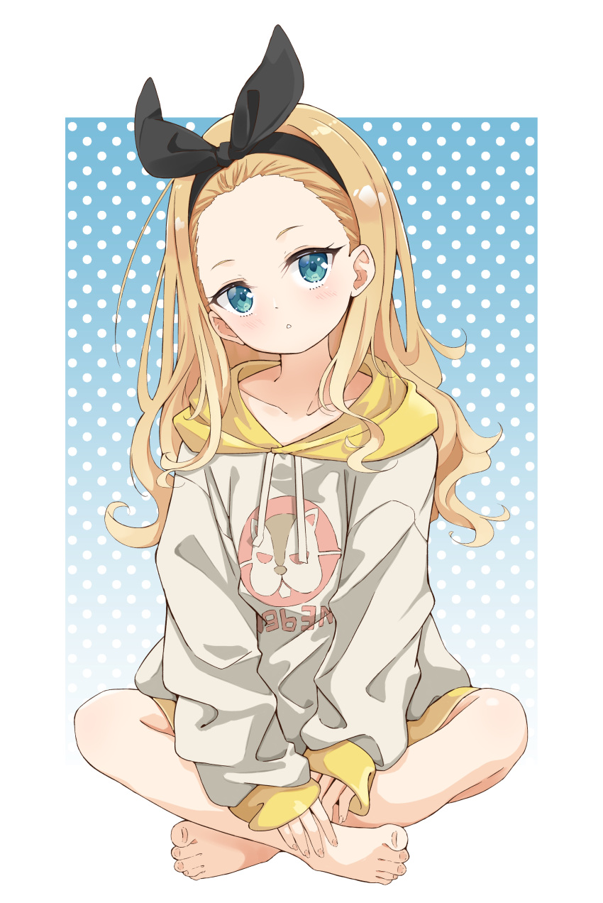 1girl, absurdres, barefoot, blonde_hair, blue_eyes, blush, border, collarbone, crossed_legs, hair_ribbon, highres, hood, hoodie, kanikama_acedia, kurumi_(lycoris_recoil), long_hair, looking_at_viewer, lycoris_recoil, polka_dot, polka_dot_background, ribbon, shiny, shiny_hair, shiny_skin, simple_background, sitting, solo, white_border