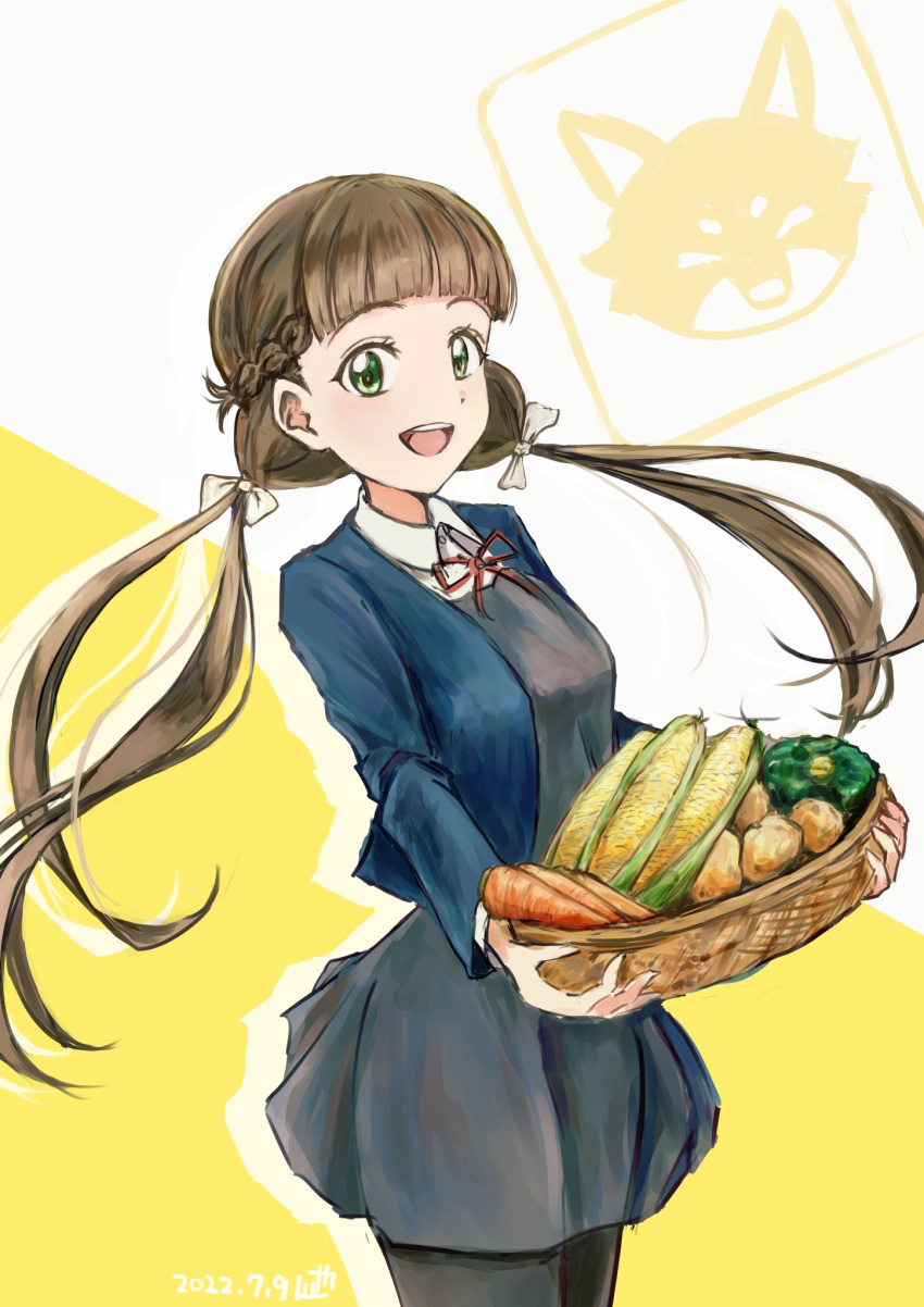 1girl, bangs, basket, braid, brown_hair, carrot, commentary, corn