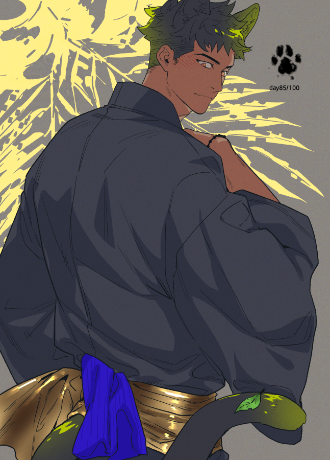 1boy, animal_ears, back_turned, black_hair, cat_boy, cat_ears, cat_tail, dark-skinned_male, dark_skin, falling_leaves, footprints, japanese_clothes, leaf, looking_at_object, male_focus, multicolored_hair, orange_eyes, original, tail, two-tone_hair, wristband, yan_(bltyann)